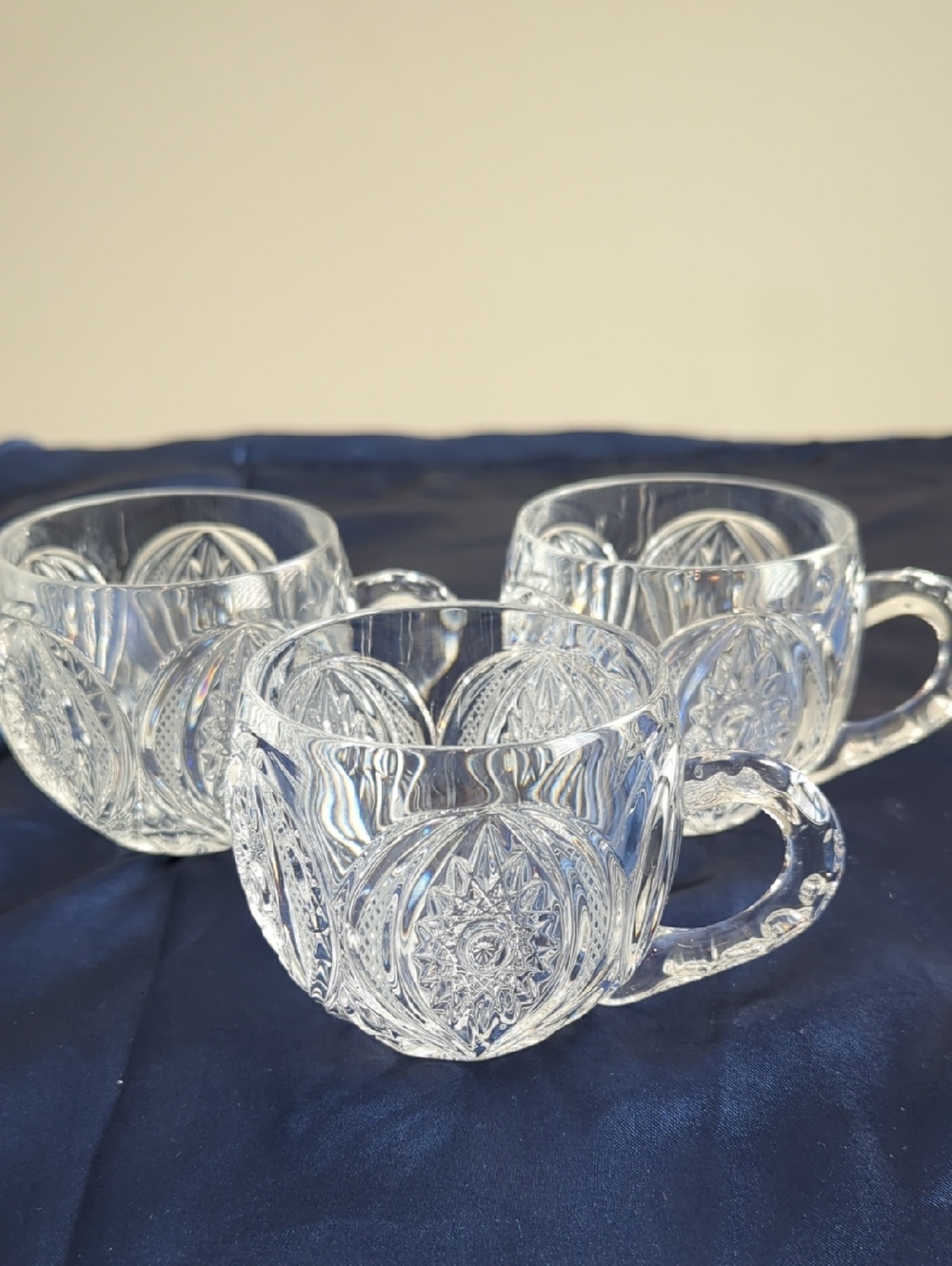 Clear Pressed Glass Aztec- Like Pattern Punch Cups - Set of 3
